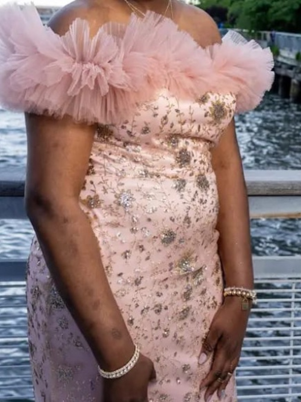 Blush Pink Off-Shoulder Tulle & Sequin Evening Dress